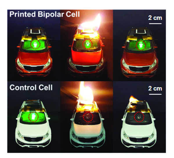 불을 붙여도 터지지 않고 정상 작동하는 플렉시블 전고체 리튬이온전지의 모습. [사진=UNIST)