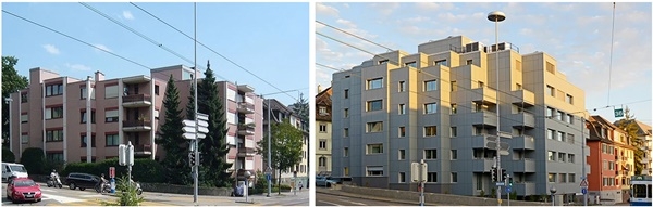 그림 4. 1982년에 건립된 노후 아파트(좌측건물)를 컬러 BIPV 모듈을 외벽에 적용해 리모델링 한(우측건물) 사례. [사진=Viridén + Partner AG]