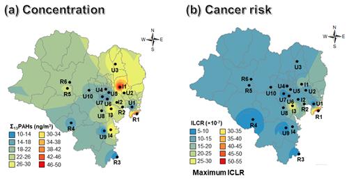 울산시 PAHs 대기오염 지도와 인체 위해도 지도: 불완전 연소로 배출되는 발암물질은 울산을 비롯한 전국에서 검출되고 있으므로 이 물질의 검출 자체보다는 주요 오염원의 위치를 확인하고 실제 노출에 의한 발암 가능성을 파악하는 게 중요하다. 본 연구에서 제시한 기술을 이용하면 오염원 추적과 인체 위해도 평가를 효과적으로 수행할 수 있다. [그림=UNIST]