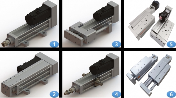 현재 풀체인지를 준비 중인 케이엔엘메카의 전동실린더의 모습 왼쪽 1번~4번은 KEC 고출력 전동실린더 시리즈, 5번은 KSC/KSL 콤팩트 전동실린더, 6번은 KSG 미니어쳐 전동실린더 [사진=케이엔엘메카]