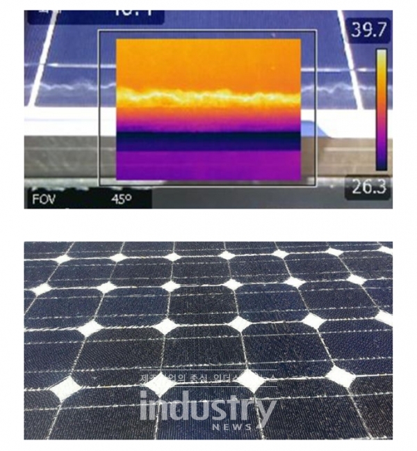 Hot Spot이 생성된 태양광 모듈은 결국 열 충격으로 인해 모듈이 깨어지게 된다. 열화상 카메라로 본 태양광 모듈의 깨진 부분은 희게 나타난다. [사진=에스테코]