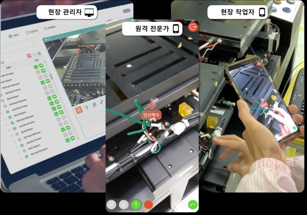 작업자가 ARWORK RemotecallAR PC, 모바일(안드로이드iOS)로 접속해 AR 기반의 화살표, 드로잉 등의 기능을 통해 원격전문가와 협업하는 모습 [사진=티오이십일]