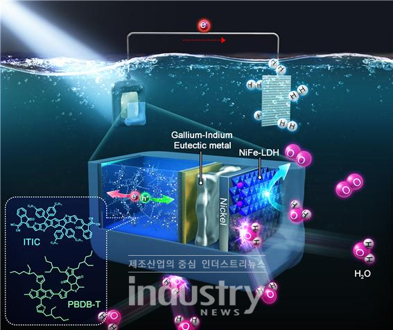 유기 반도체 기반 광전극(photoanode) 구조 및 이를 이용한 광 전기화학적 물 분해(수소생산) 시스템 모식도 [자료=UNIST]