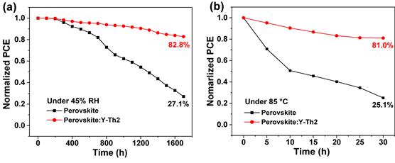 Y-Th2 첨가에 따른 페로브스카이트 태양전지의 (a)수분에 대한 안정성 및 (b)열에 대한 안정성. 45% 상대 습도 조건하에서 약 1,600 시간 후에도 초기효율의 80% 이상을 유지하는 모습을 보였으며, 85 °C 조건하에서 30 시간 후에도 초기효율의 80% 이상을 유지하는 모습을 통해 태양전지의 안정성이 큰폭으로 향상된 것을 확인 할 수 있다. [사진=UNIST]