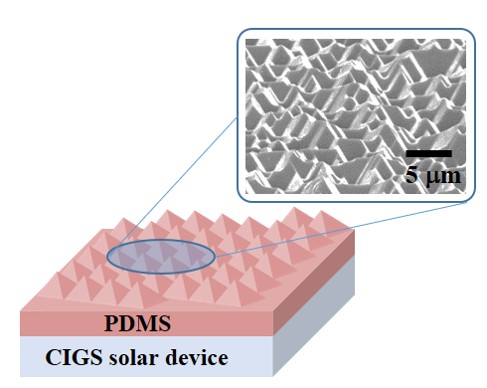 PDMS 저반사 광산란층이 부착된 CIGS 투광 태양전지 개략도. 사진은 나노임프린팅 기술로 PDMS 표면 위에 형성된 마이크로미터 크기의 거친 표면형상을 보여주는 주사전자현미경(SEM) 사진 [사진=한국에너지기술연구원]