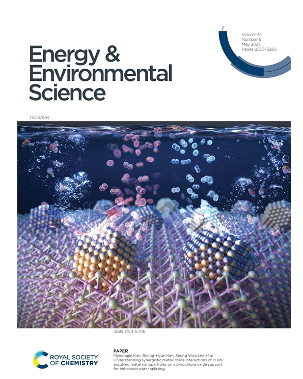 Energy & Environmental Science 2021년 5월 표지 (Front Cover), 하나의 모체 금속산화물에서 양이온 환원 온도 정밀제어를 통해 서로 다른 조성을 갖는 산소 발생 촉매와 수소 발생 촉매를 동시에 생산할 수 있음을 표현했다. [사진=한국에너지기술연구원]