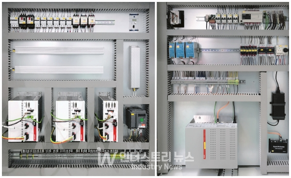 사진은 왼쪽부터 레이저 절단기 제어 캐비닛에 있는 Beckhoff의 AX5000 서보 드라이브, 기계 제어용 C6640 제어 캐비닛 산업용 PC [사진=Beckhoff]