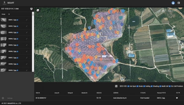 메타파스의 SOLVIT 플랫폼을 통해 확인되고 있는 태양광발전소 PV 모듈 상태. 핫스팟, 바이패스 다이오드 불량, 음영 등을 한눈에 확인할 수 있다. [자료=메타파스]