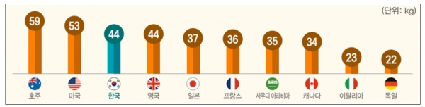 2019년 주요국 1인당 일회용 플라스틱 폐기물량, G20 중 폐기물량 상위 10개국 [출처=호주 민더루재단] [자료=전경련]