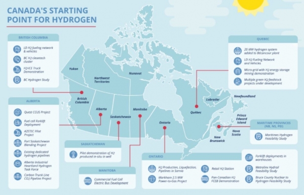 캐나다 지역별 수소 생산‧활용 및 연구 개발 현황 [출처=캐나다 천연자원부, 자료=KOTRA]