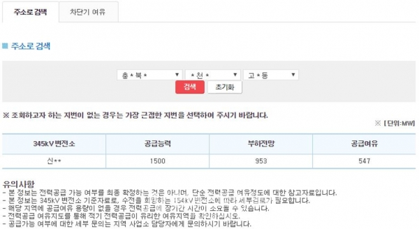 변전소 공급 여유정보 조회 화면 [사진=한국전력]