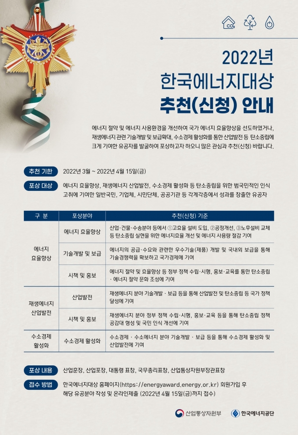 2022년 한국에너지대상 추천 신청 포스터 [포스터=한국에너지공단]