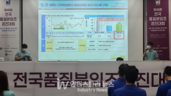 한수원이 전국 품질분임조 경진대회에서 15년 연속 금상을 수상하는 쾌거를 올렸다. 금상을 수상한 한강 칠보수력발전소 전진팀이 경진대회에서 ‘수력발전공정 개선으로 정비시간 단축’을 주제로 발표하고 있다. [사진=한수원]