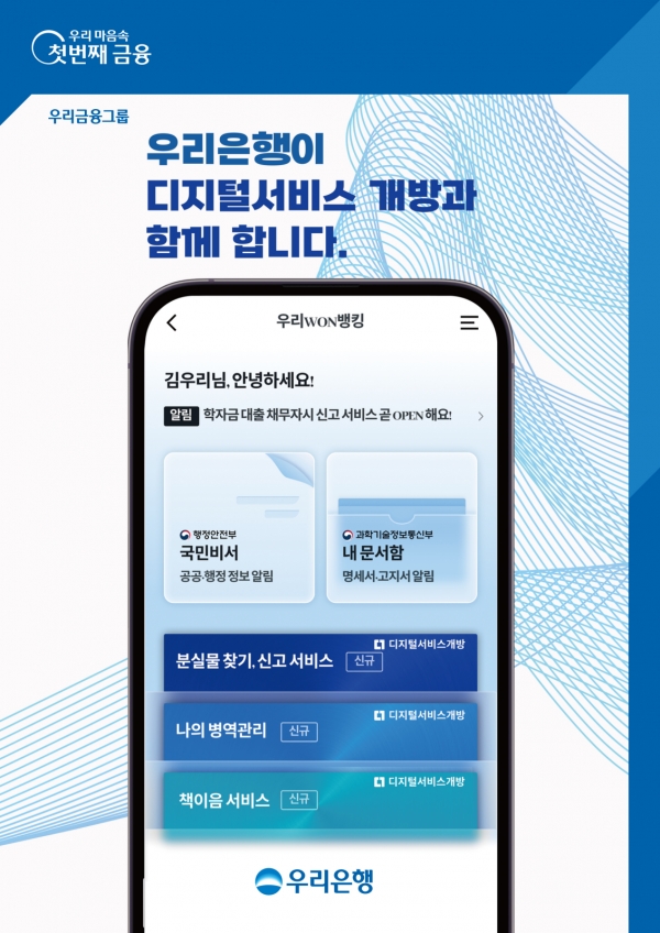 우리WON뱅킹 개인 디지털 지갑인 ‘원더월렛’에서 경찰청, 병무청, 국립중앙도서관, 한국장학재단 등 4개 기관이 각각 관리하는 민원정보를 한 번에 열람할 수 있는 서비스를 제공한다. [사진=우리은행]