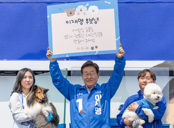 더불어민주당 이재명 대선 후보가 열세 지역으로 분류되는 강원과 충북 지역의 표심 공략에 나선 30일 춘천시 춘천역광장에서 열린 집중유세에서 강원도에 사는 반려견들과 함께 퍼포먼스를 하고 있다. /사진=공동취재