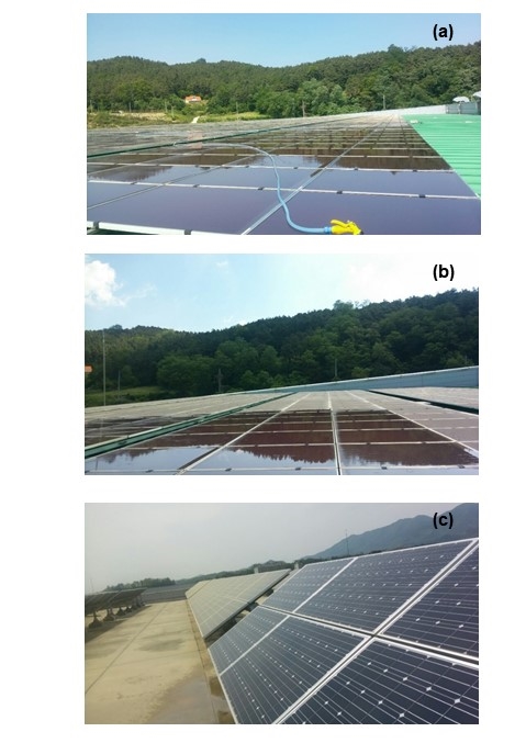 미세먼지 청소 관련 사진 자료 (a) 태양광 모듈 청소용 물 호스, (b) 박막 태양광 모듈 청소 전(상)과 후(하), (c) 결정질 실리콘 태양광 모듈 청소 전(좌)과 후(우) [사진=명승엽]