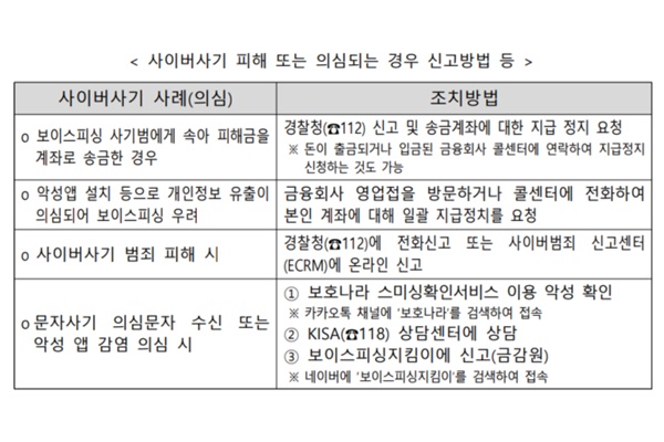 사이버사기 피해 또는 의심되는 경우 신고방법 등. [자료=관계부처합동]