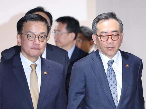 최상목 경제부총리(왼쪽)과 조태열 외교부 장관이 17일 오전 정부서울청사에서 열린 대외경제장관회의에 참석하고 있다 / 사진=연합뉴스