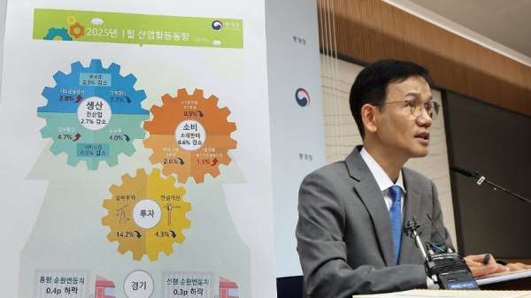통계청 이두원 경제동향통계심의관이 4일 정부세종청사에서 2025년 1월 산업활동동향에 관해 설명하고 있다 / 사진=연합뉴