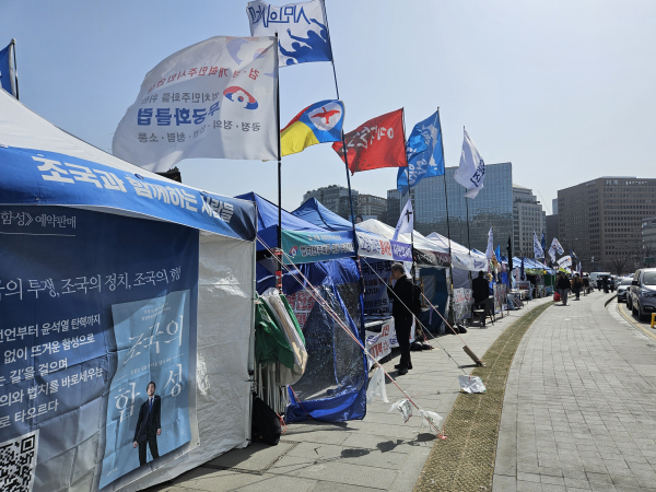 3월 24일 서울 광화문에 농성천막들이 자리잡고 있다. /사진=김희선 기자