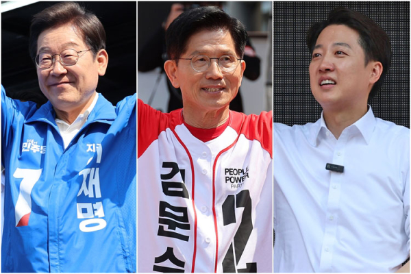 25일 당진에서 유세 나선 이재명 후보(왼쪽부터), 보령에서 집중유세하는 김문수 후보, 종묘 인근 서순라길에서 거리유세하는 이준석 후보. /사진=연합뉴스